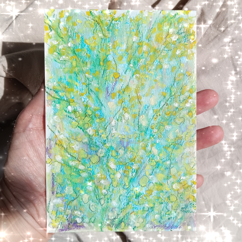 ミモザ　オイルパステル原画　2Lサイズ　【額付き】