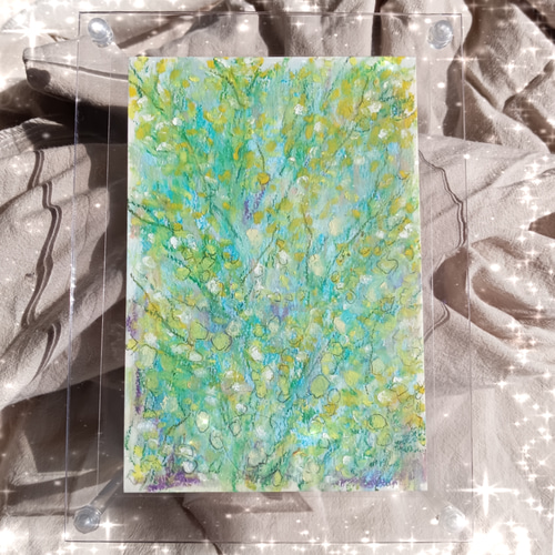 原画・一点物 ・オイルパステル画】「ミモザ・抽象画」 葉書サイズの