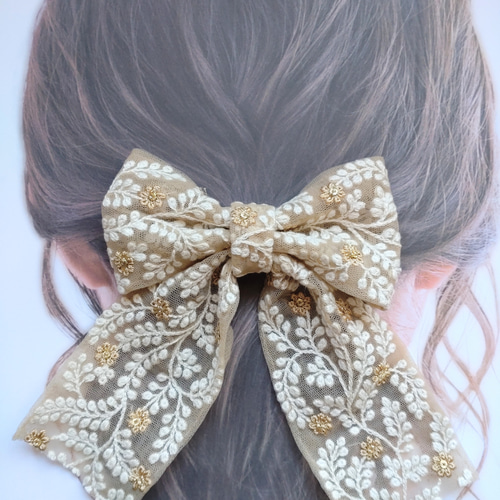 SALE☆No.99 インド刺繍 リボン ヘアゴム 大人 上品 - ヘアゴム