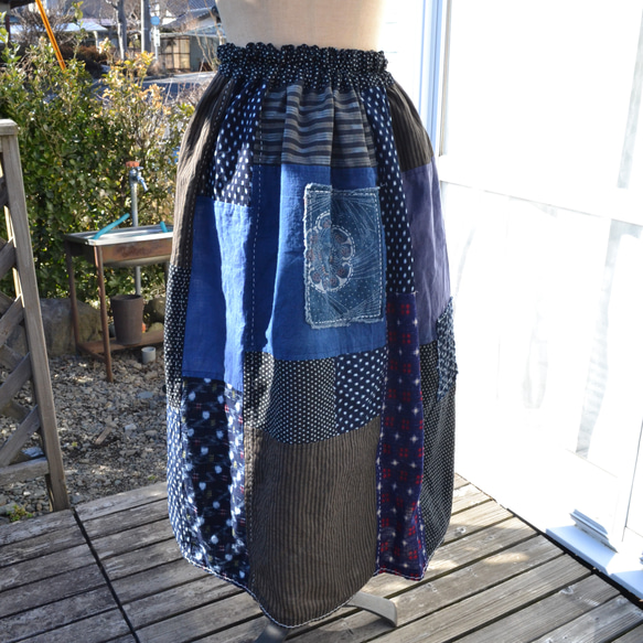 木綿藍・絣ギャザースカート　Ｊ-74 1枚目の画像