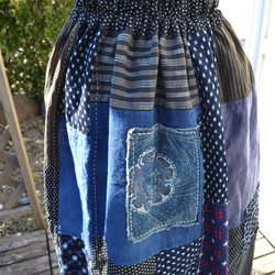 木綿藍・絣ギャザースカート　Ｊ-74 2枚目の画像