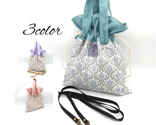 フリル巾着ショルダー】 ダマスク柄 大人かわいいニュアンス