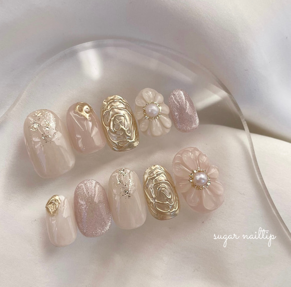 ぷっくりフラワー ピンク ミラー ネイルチップ ネイルチップ（つけ爪  