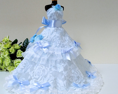 134一点物ミニチュアウエディングドレス☆水色レースロングドレス結婚
