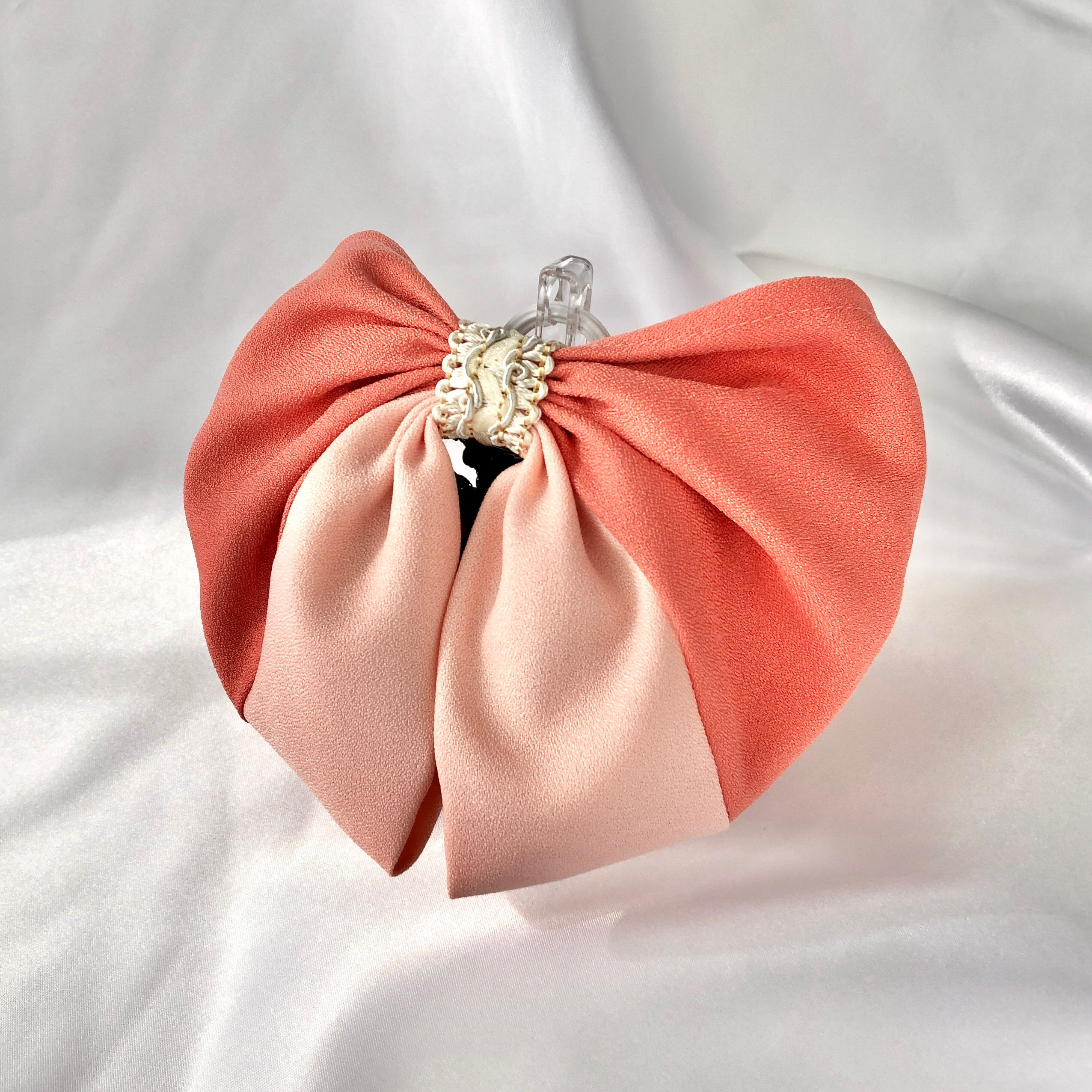 ネット付きリボンバレッタ、シニヨンバレッタ　シニヨンネット《サーモンピンクバイカラー》