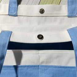 肩掛けの長い　ポケットいっぱいのトートバッグ　ストライプみたい⁉️　11号帆布　くったり　青系 7枚目の画像