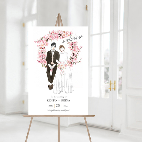 似顔絵ウェルカムボード 水彩 桜 イラスト 結婚式 データ納品