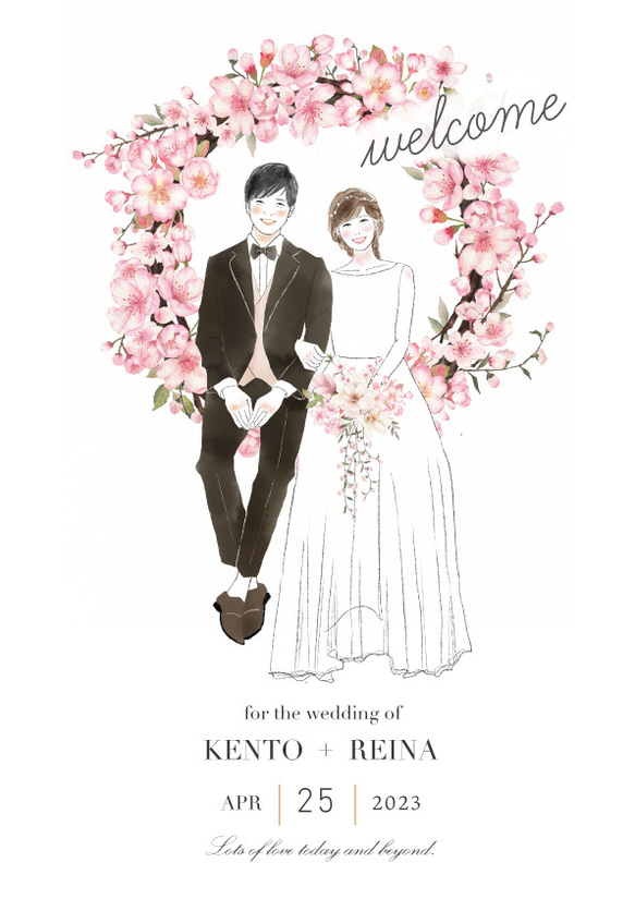 似顔絵ウェルカムボード　水彩　桜　イラスト  結婚式　データ納品 2枚目の画像
