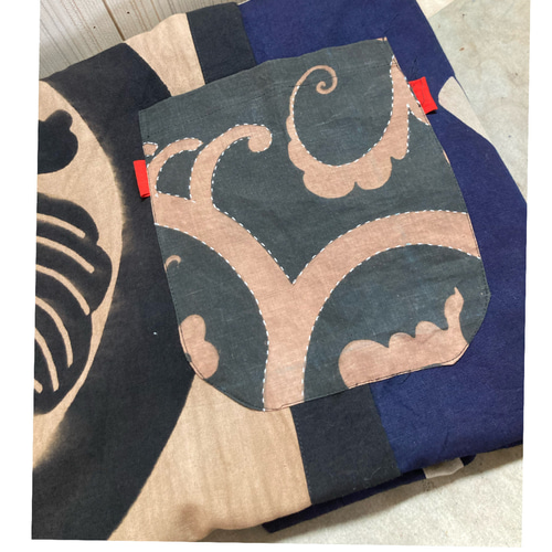 古布リメイク着物リメイク柿渋染め鳳凰と書生絣刺し子ロングワンピース