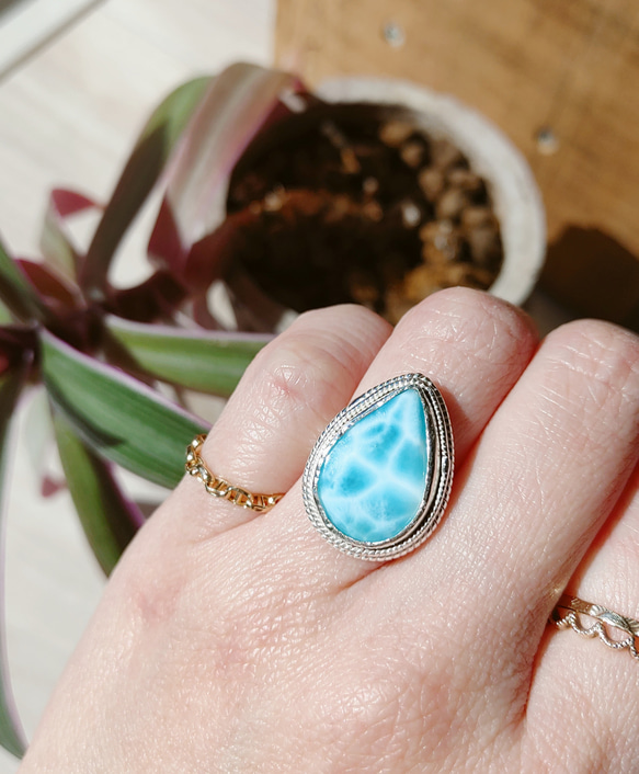 ❁Ocean blue tear larimar ring silver925 約11号❁超トップクオリティラリマー 4枚目の画像