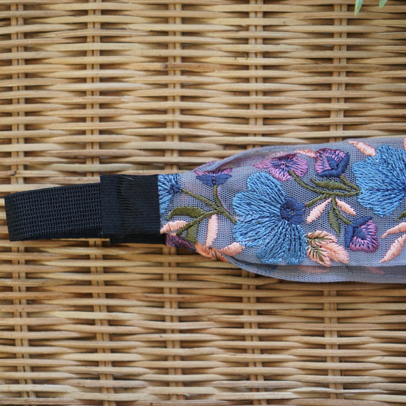 インド刺繍リボン ブルー フラワー ヘアバンド ターバン 花柄 ボタニカル柄 刺繍 母の日 レトロ #19 2枚目の画像