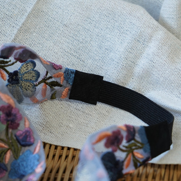インド刺繍リボン ブルー フラワー ヘアバンド ターバン 花柄 ボタニカル柄 刺繍 母の日 レトロ #19 5枚目の画像