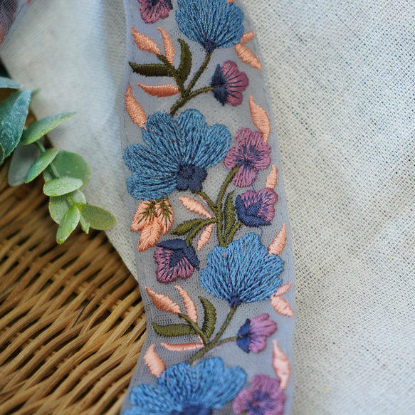 インド刺繍リボン ブルー フラワー ヘアバンド ターバン 花柄 ボタニカル柄 刺繍 母の日 レトロ #19 3枚目の画像