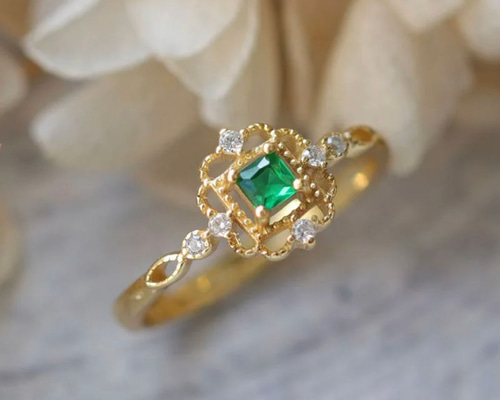 9Kゴールド エメラルドリング エメラルド ダイヤモンドリング EM 1.09ct D 0.25ct K18WG/YG