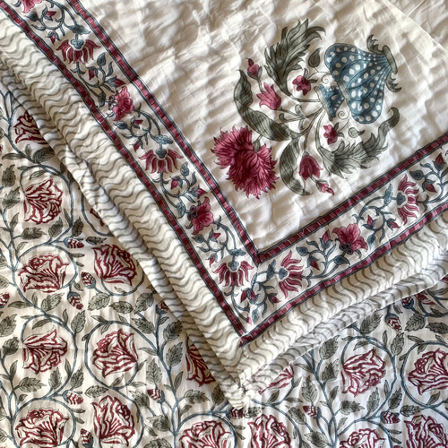 送料無料】良質インド綿 ブロックプリント ハンドキルト キルト布団