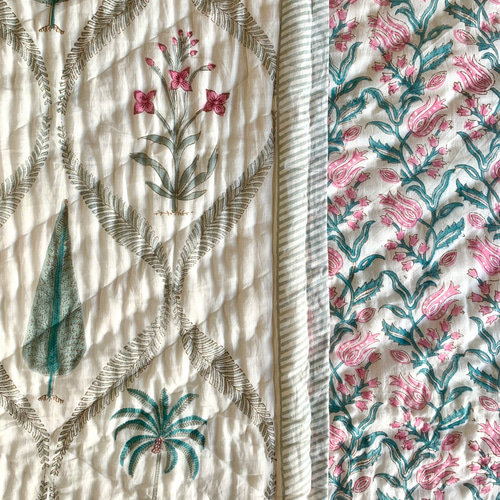 送料無料】良質インド綿 ブロックプリント ハンドキルト キルト布団