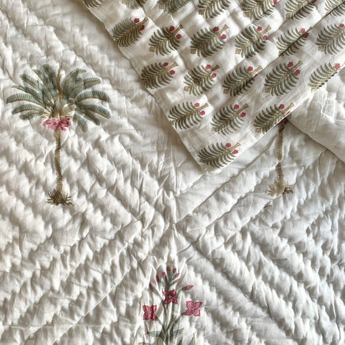 送料無料】良質インド綿 ブロックプリント ハンドキルト キルト布団