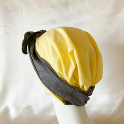 ターバン風　ケアキャップ　レモンイエロー✖️グランチェック　ソフト　ケア帽子　医療用　母の日プレゼント 5枚目の画像