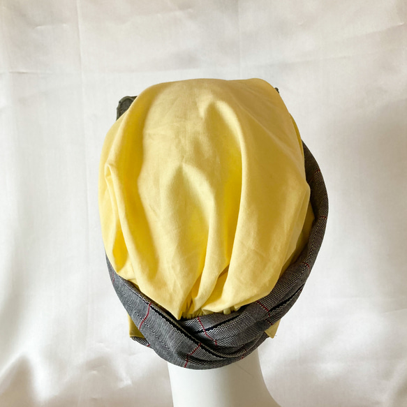 ターバン風　ケアキャップ　レモンイエロー✖️グランチェック　ソフト　ケア帽子　医療用　母の日プレゼント 10枚目の画像