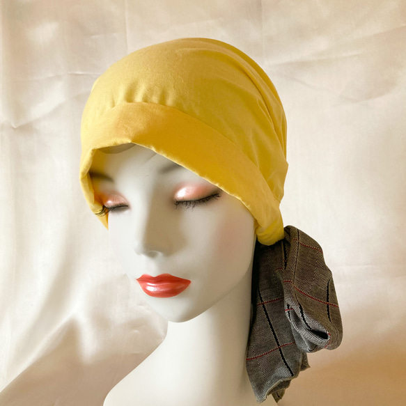 ターバン風　ケアキャップ　レモンイエロー✖️グランチェック　ソフト　ケア帽子　医療用　母の日プレゼント 7枚目の画像