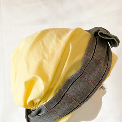 ターバン風　ケアキャップ　レモンイエロー✖️グランチェック　ソフト　ケア帽子　医療用　母の日プレゼント 9枚目の画像