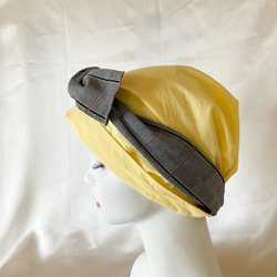 ターバン風　ケアキャップ　レモンイエロー✖️グランチェック　ソフト　ケア帽子　医療用　母の日プレゼント 8枚目の画像