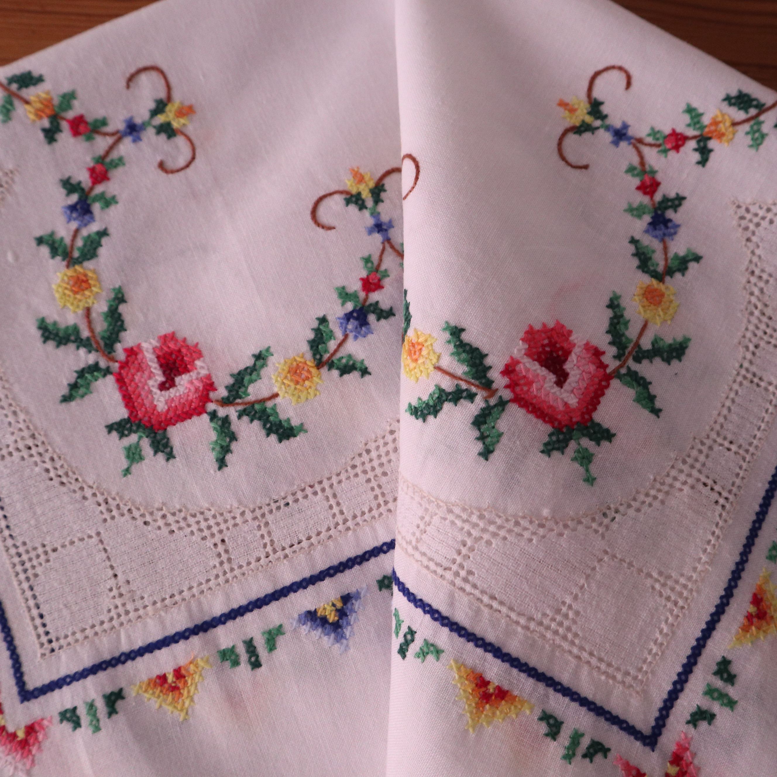 ドイツの手仕事/青や黄色・ピンクの小花のクロスステッチ手刺繍