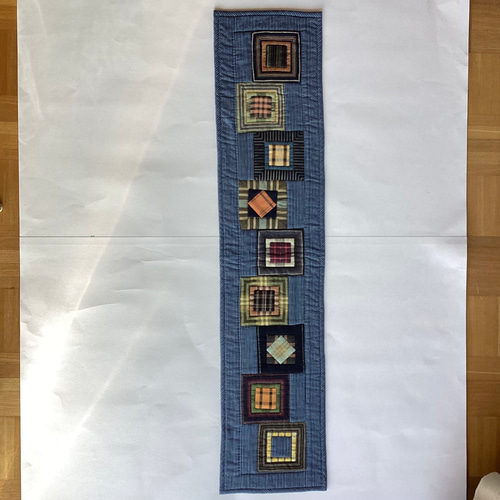 古布 藍しま 格子柄つなぎ パッチワークのテーブルセンター その他