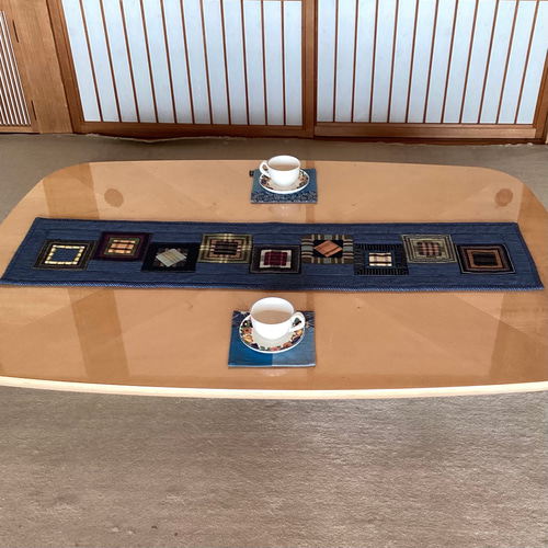 古布 藍しま 格子柄つなぎ パッチワークのテーブルセンター その他