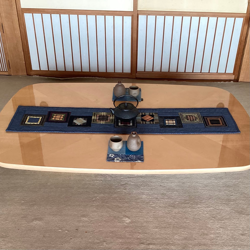 古布 藍しま 格子柄つなぎ パッチワークのテーブルセンター その他