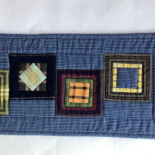 古布 藍しま 格子柄つなぎ パッチワークのテーブルセンター その他