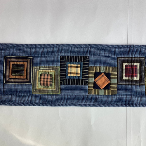 古布 藍しま 格子柄つなぎ パッチワークのテーブルセンター その他