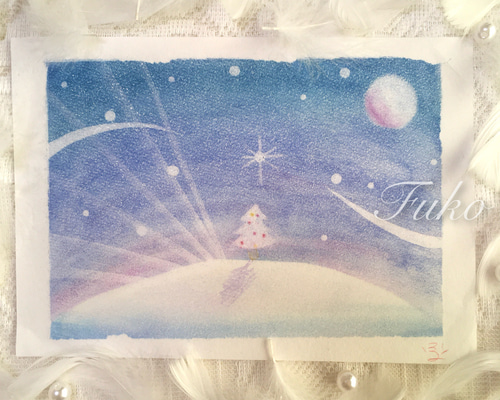 Xmas present ハンドメイドパステル画　絵画アート原画 絵画】Blue X`mas《メッセージ/ポストカード付》パステルアート