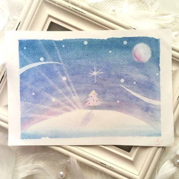 【絵画】Blue X`mas《ポストカード+おまけ付》パステルアート　雪　クリスマス　青　癒し 1枚目の画像