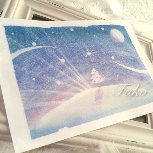 絵画】Blue X`mas《メッセージ/ポストカード付》パステルアート