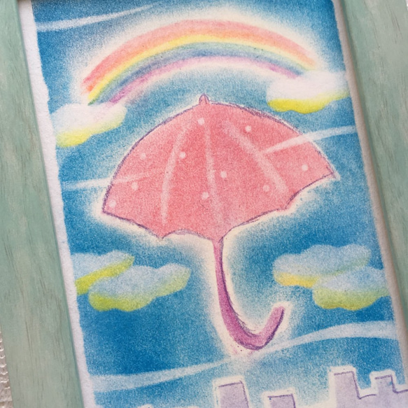 【絵画】レインボーアンブレラ《ポストカード+おまけ付》パステルアート　傘　虹　梅雨　癒し 4枚目の画像