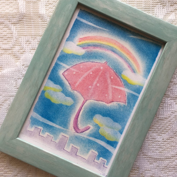 【絵画】レインボーアンブレラ《ポストカード+おまけ付》パステルアート　傘　虹　梅雨　癒し 3枚目の画像