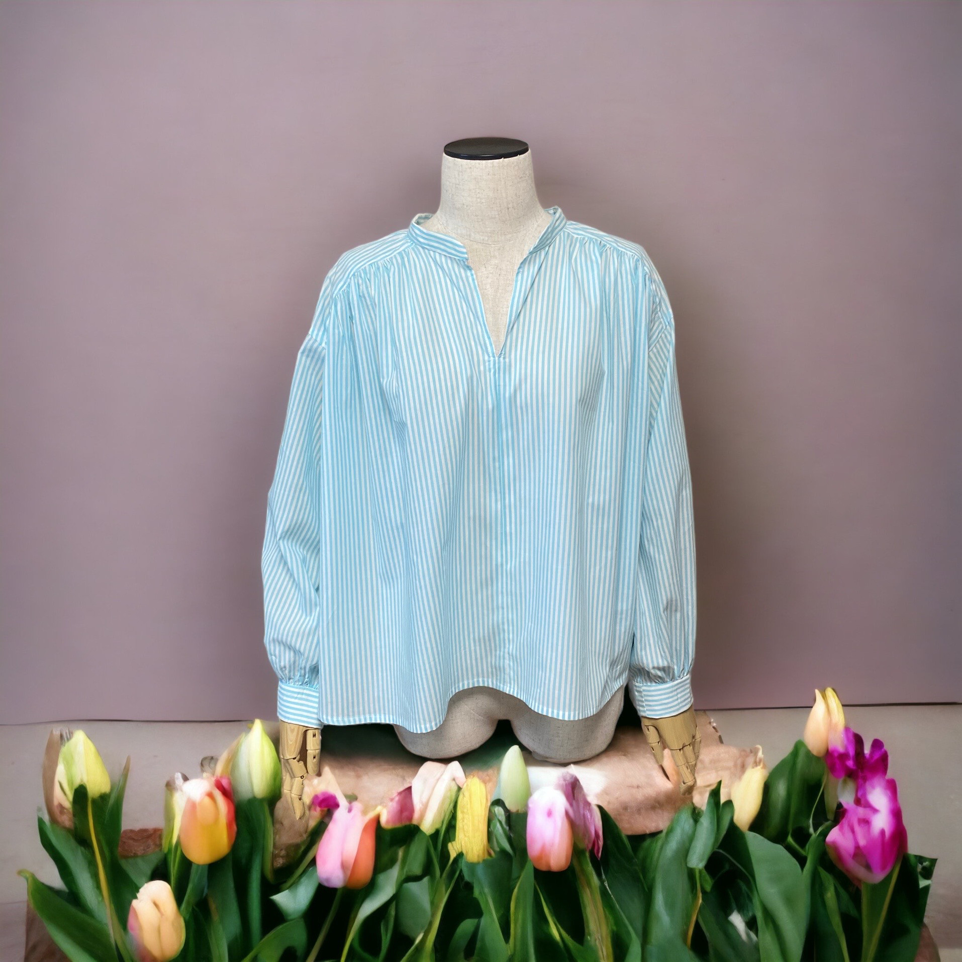 バスト160cm〜172cmゆったりミントグリーンエアリーギャザーブラウス