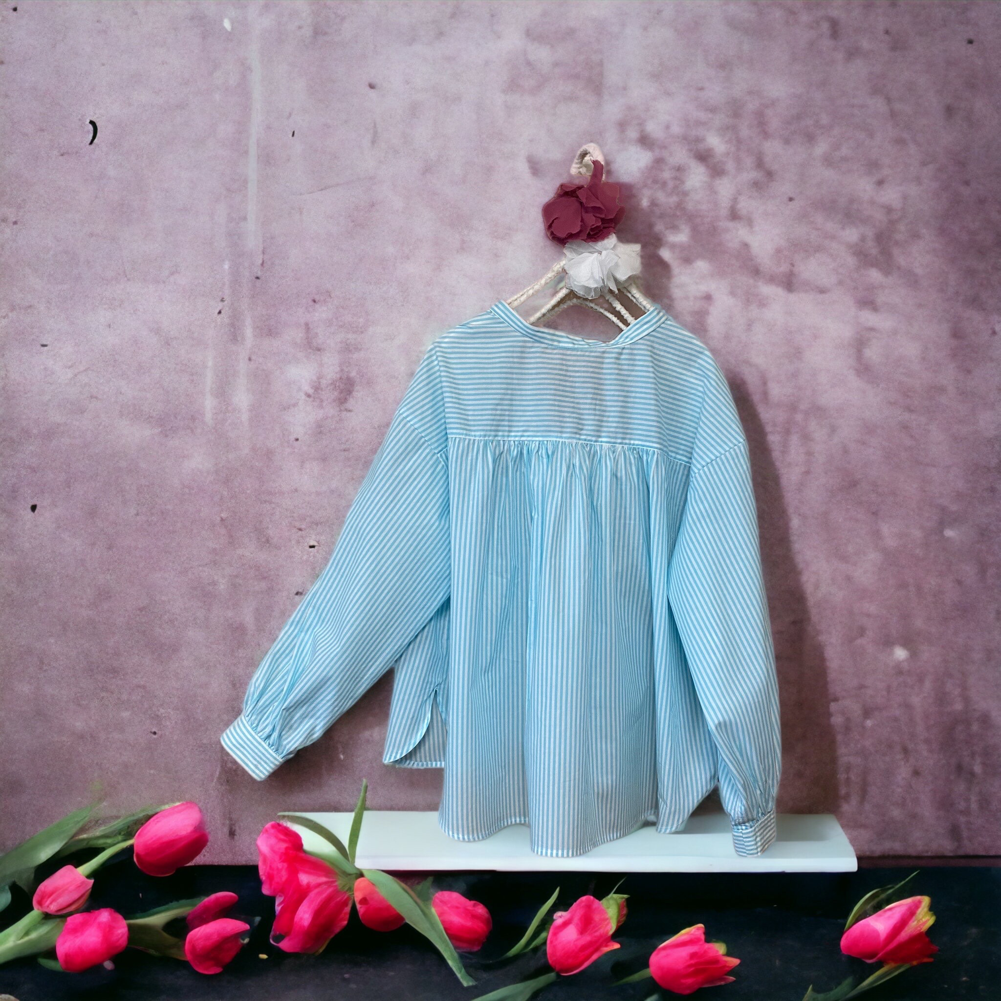 バスト160cm〜172cmゆったりミントグリーンエアリーギャザーブラウス