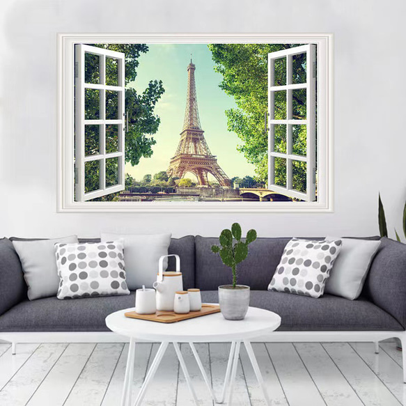 ウォールステッカー SF11 3D窓　パリ　エッフェル塔　旅行　DIY 壁紙　インテリアシート　剥がせるシール 送料無料 2枚目の画像