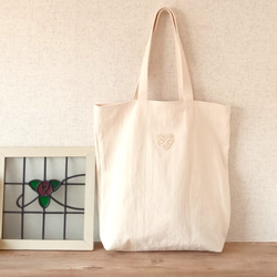 レースのハートの大きめトートバッグ ホワイト(白)(コットンリネン