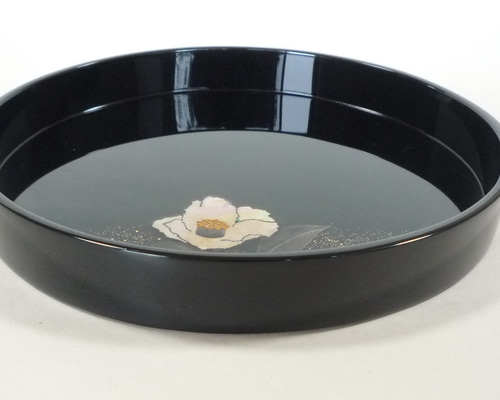 螺鈿 花文様 黒漆 丸盆 シュール