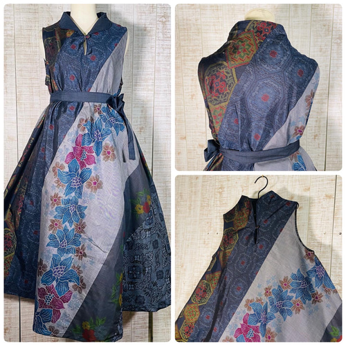 数種類の正絹大島紬で立ち襟＆テントラインロングワンピースM〜L  