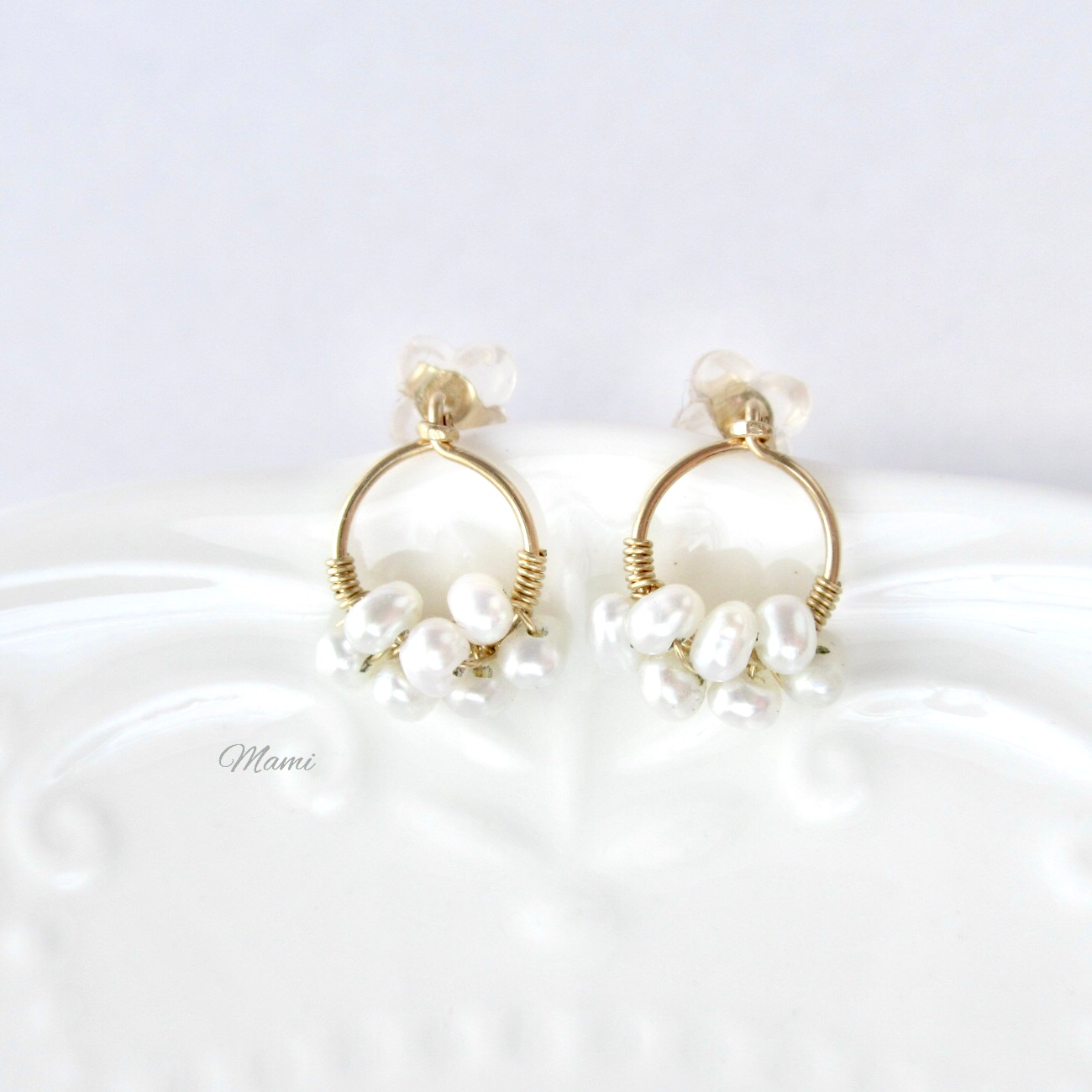 14KGF 淡水パールのサークルラインピアス つぶつぶ