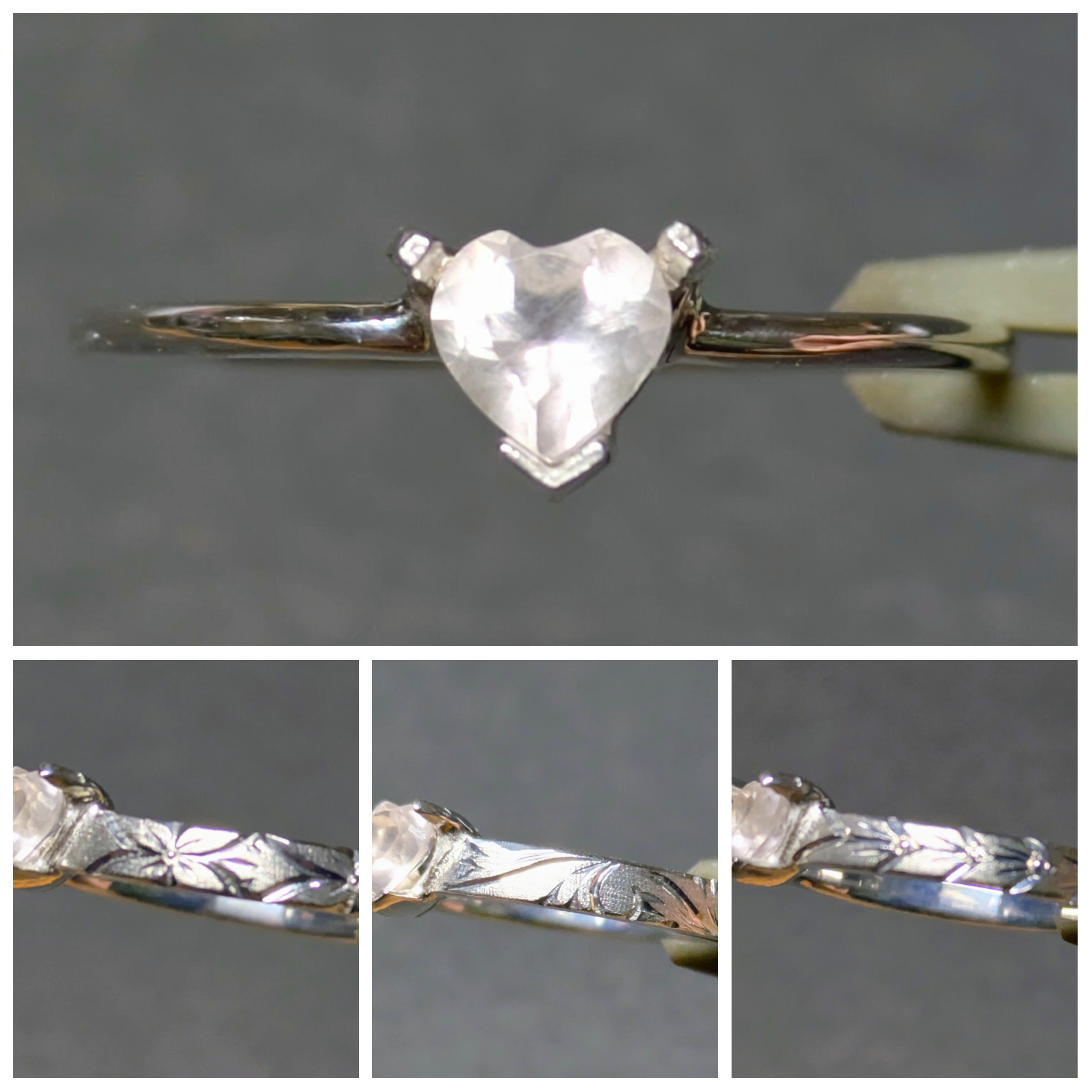 ローズクォーツ　リング　アームデザイン変更可　ハート　手彫り　天然石　誕生石　金属アレルギー対応　ミルグレイン　唐草