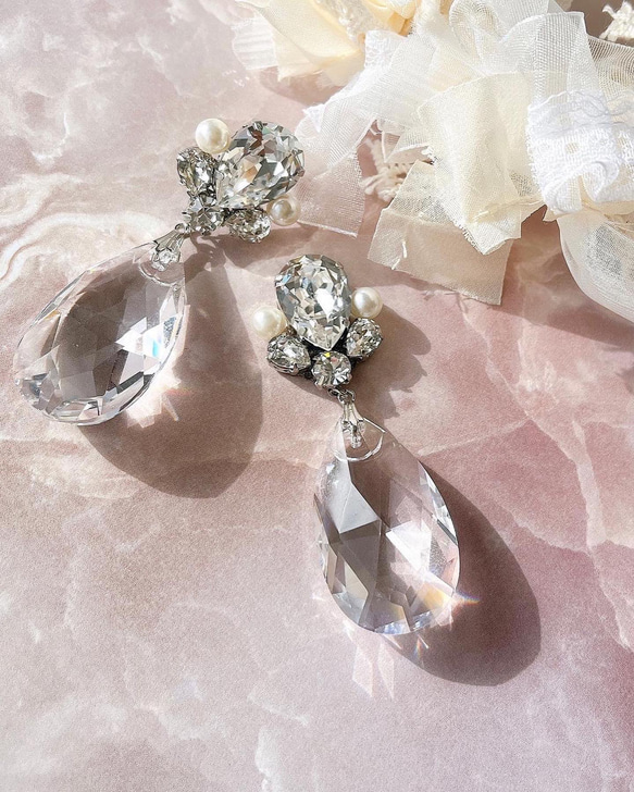 美品 パールクリスタルドロップピアス ウェディング 結婚式 ブライダル クリスタル アクセサリー パール Drop