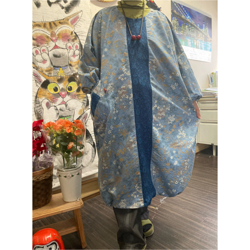 絹と化繊の新品の反物からの裾バルーンワンピース着物リメイク