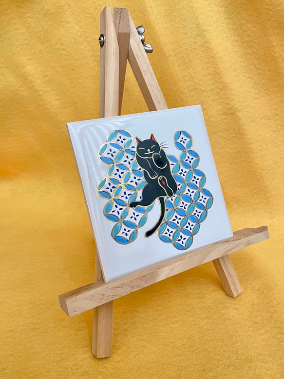 黒猫と七宝紋様　タイル画 3枚目の画像