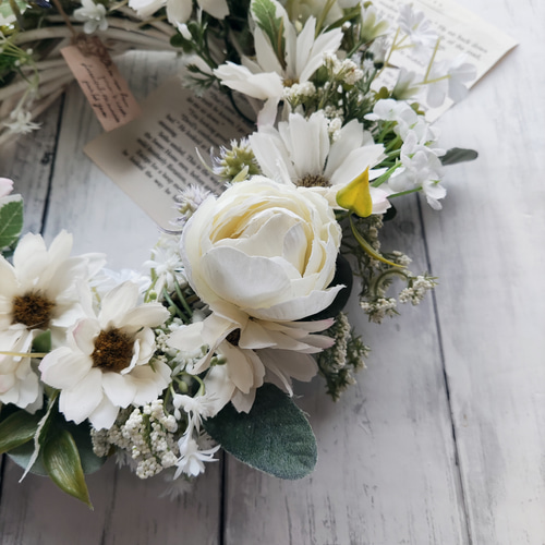 ホワイト系造花の円形リース お花畑のようなリース2 (グリーン・24cm・アーティフィシャルフラワー