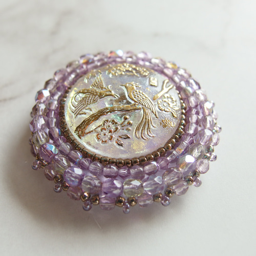 花鳥風月 パープルイエロー チェコガラスボタンのヘアゴム ブローチに